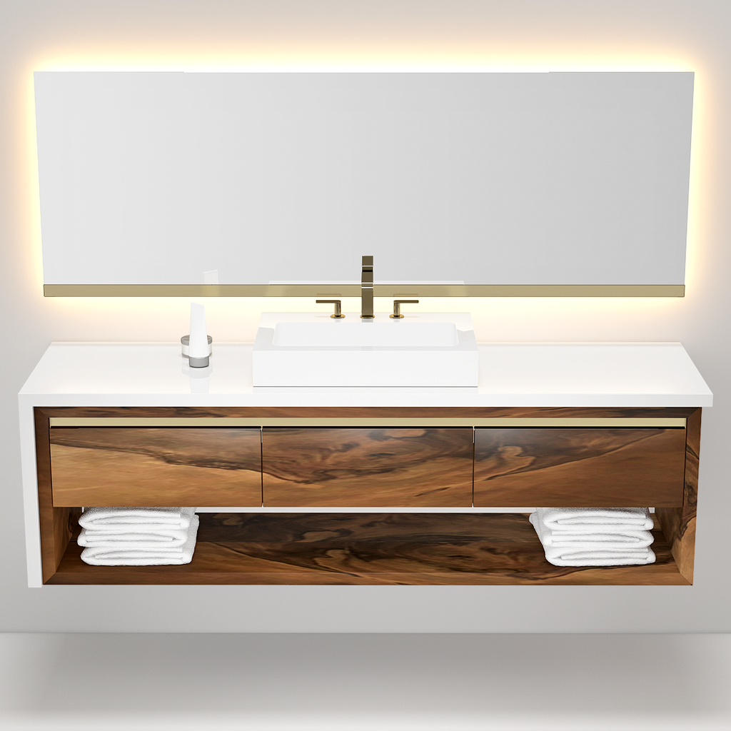 Victoria Walnut Vanity with floating design, white countertop, vessel sink, and gold faucet