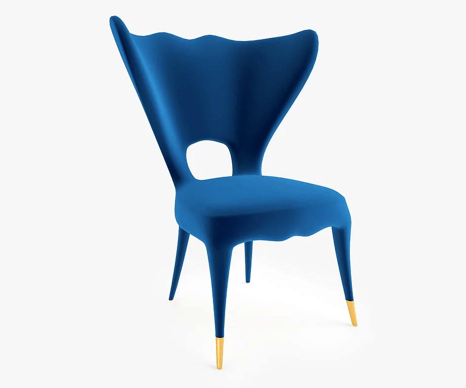 Victory Chair plush royal blue dining chair with high wavy back and golden-tipped legs