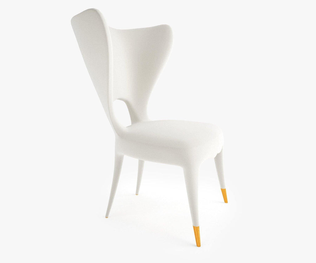 Victory Chair: sleek white modern dining chair with high back, cutout detail, gold-tipped legs
