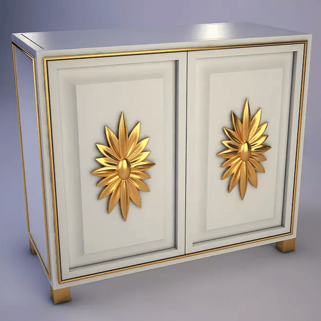 Viscaya Cabinet with white finish, golden trim, and sunburst-shaped handles