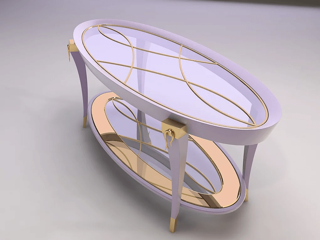 Vlm Cocktail Table with oval two-tier design, light purple frame, glass tops, gold accents