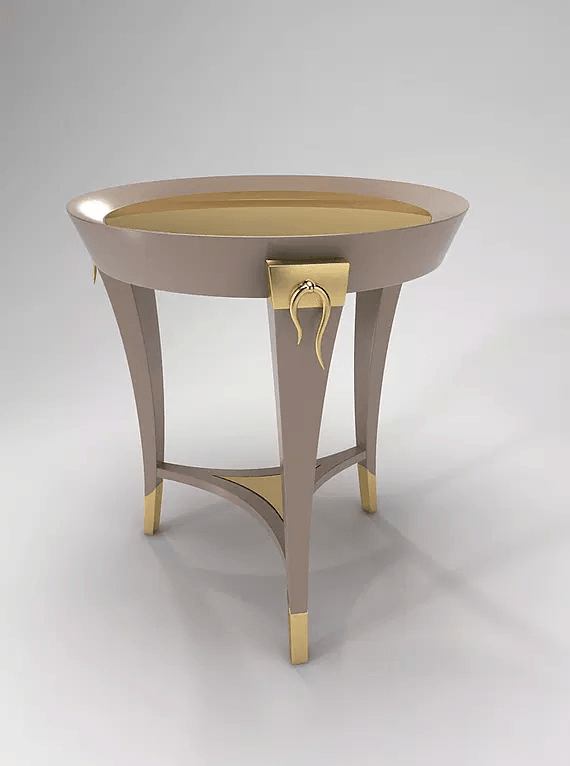 Vlm End Table with beige round design, gold accents, and decorative pull handle