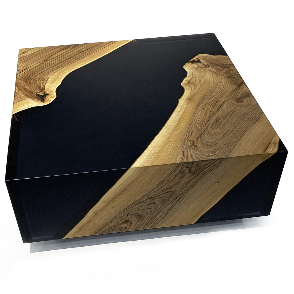 Black Monoblock Walnut Wood River Square Coffee Table with live-edge wood and black resin