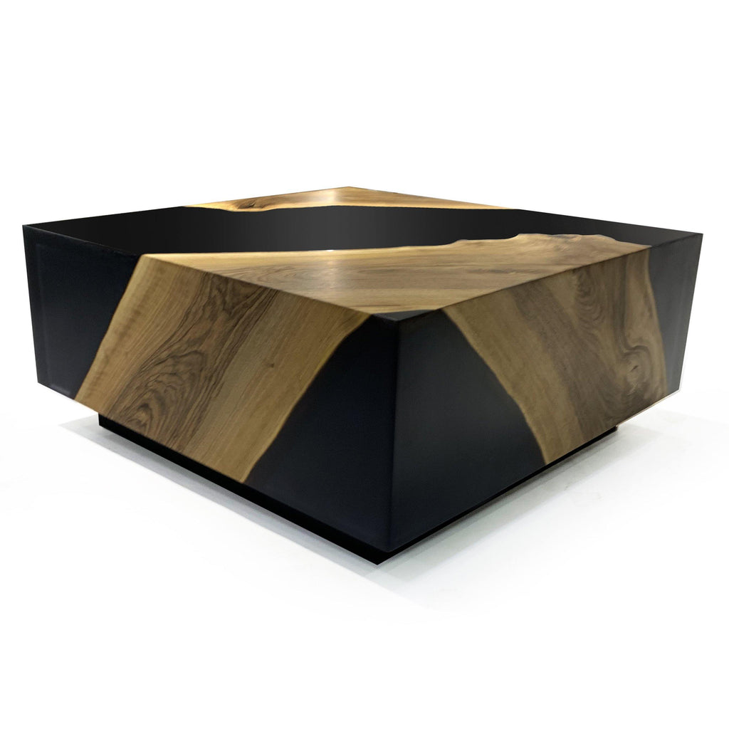 Black Monoblock Walnut Coffee Table with abstract geometric wood resin design