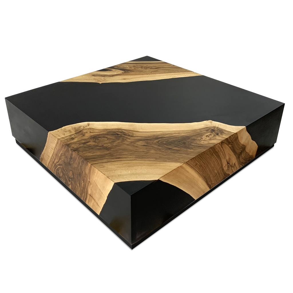 Black Monoblock Walnut Coffee Table with live-edge walnut wood and black epoxy resin