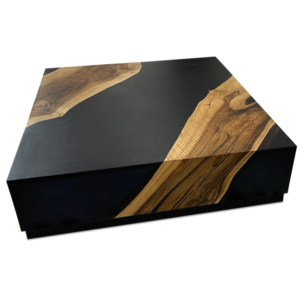 Black Monoblock Walnut Coffee Table with natural wood slab inserts and square design