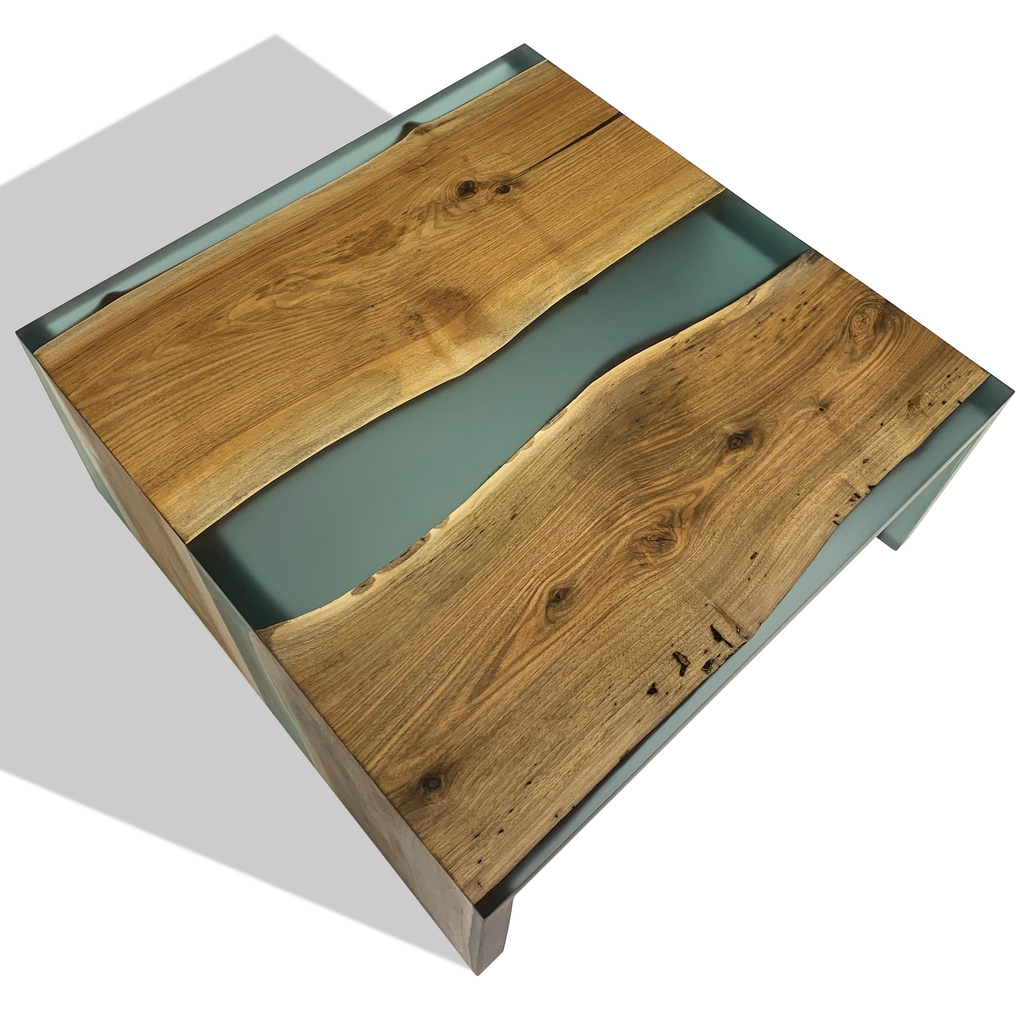 Walnut wood frosted waterfall coffee table with natural wood slabs and blue-grey resin river