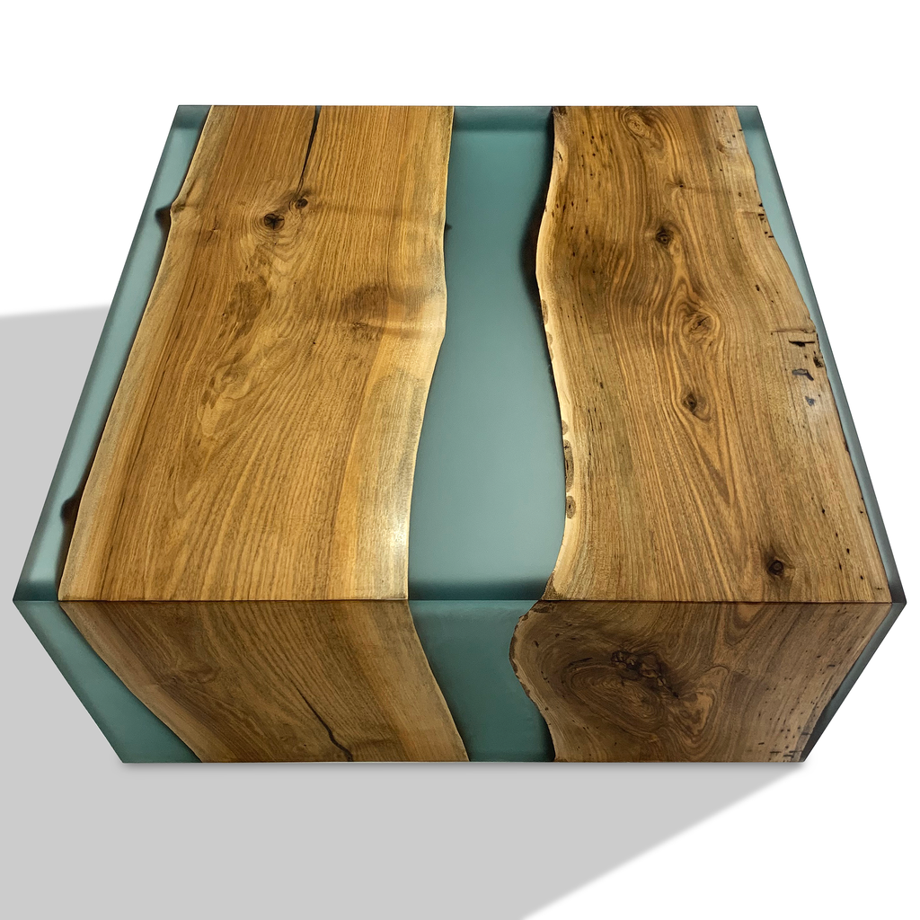 Walnut wood frosted waterfall coffee table with live-edge wood and blue-green resin river