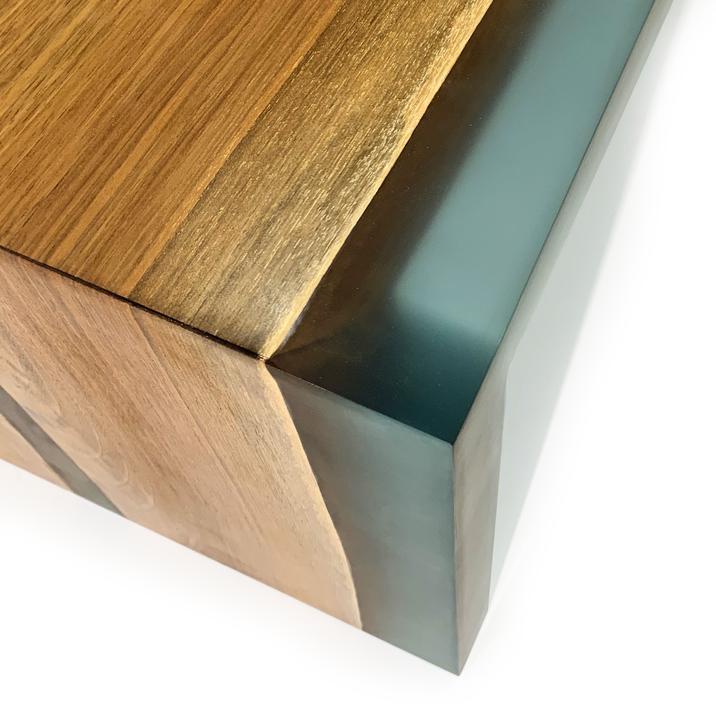 Walnut wood frosted waterfall coffee table with teal resin river and modern design