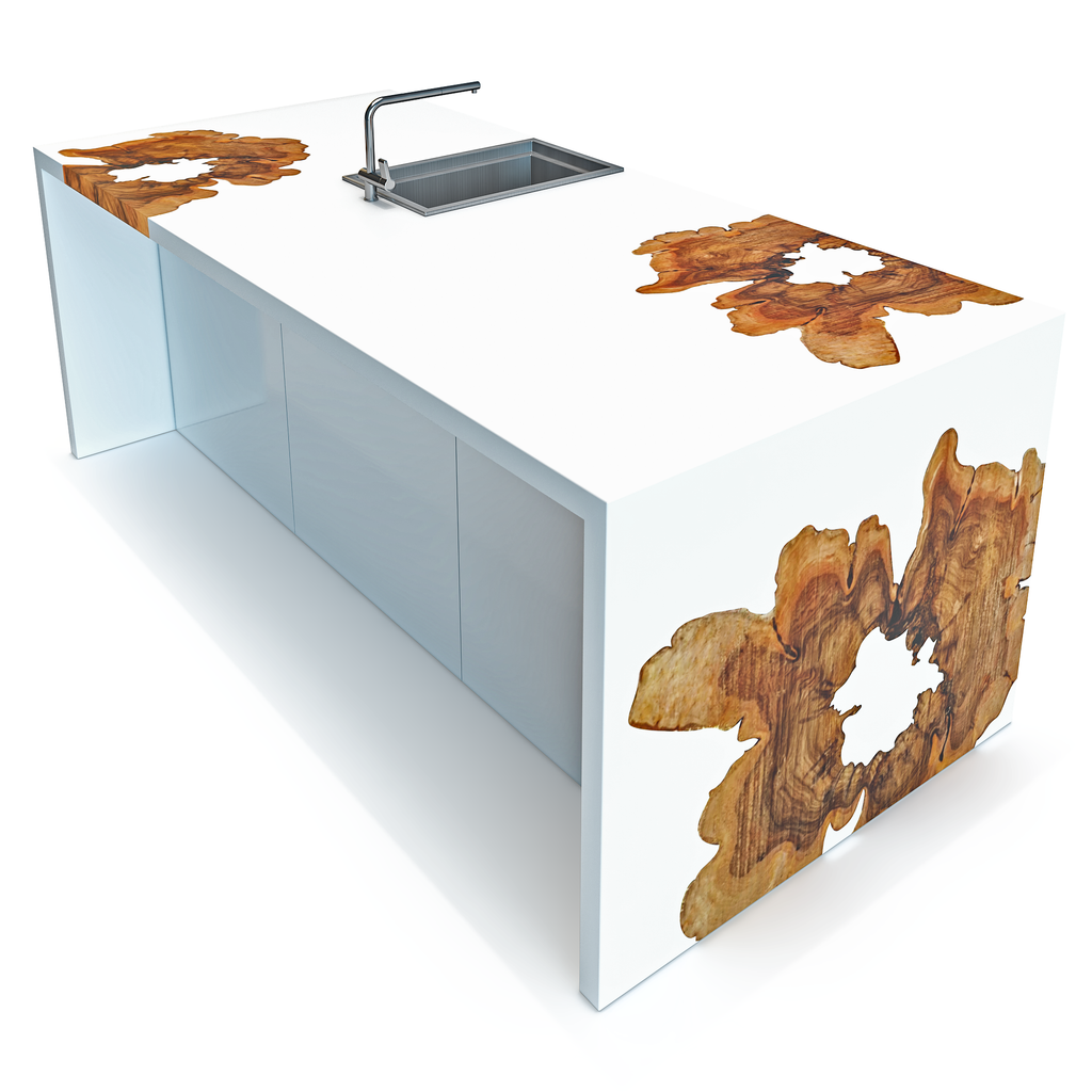 Modern Wood & Resin Waterfall Kitchen Island with integrated sink and natural wood inlay