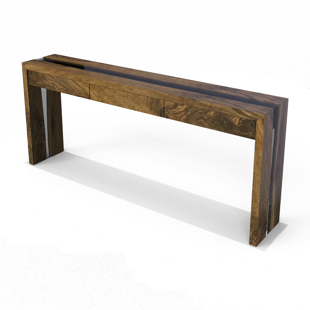 waterfall walnut wood console, walnut wood console, resin console, modern console, console table, battleship gray console, eased edge console