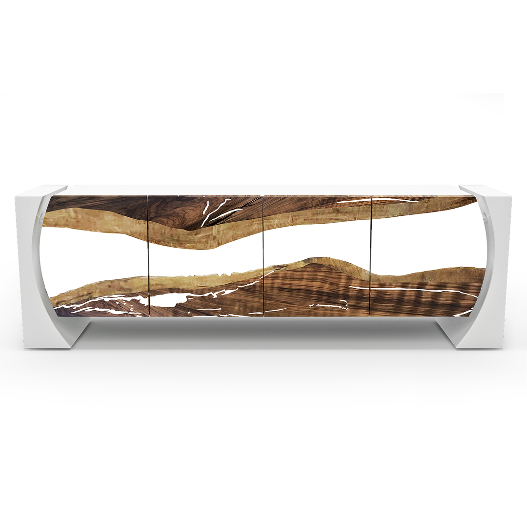White Loire Walnut Credenza with walnut wood doors and abstract wave cutouts