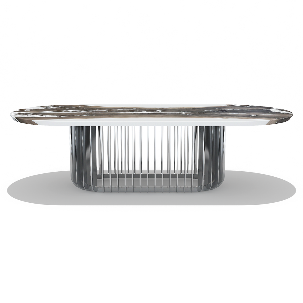 Modern oval coffee table with marble top and chrome base in White Mysteria Bleached Walnut