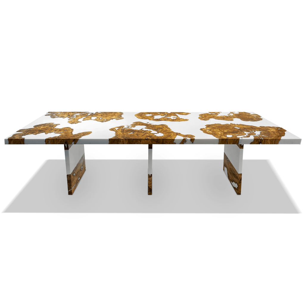 White Thyria Olive Wood Dining Table with white resin top and embedded olive wood pieces