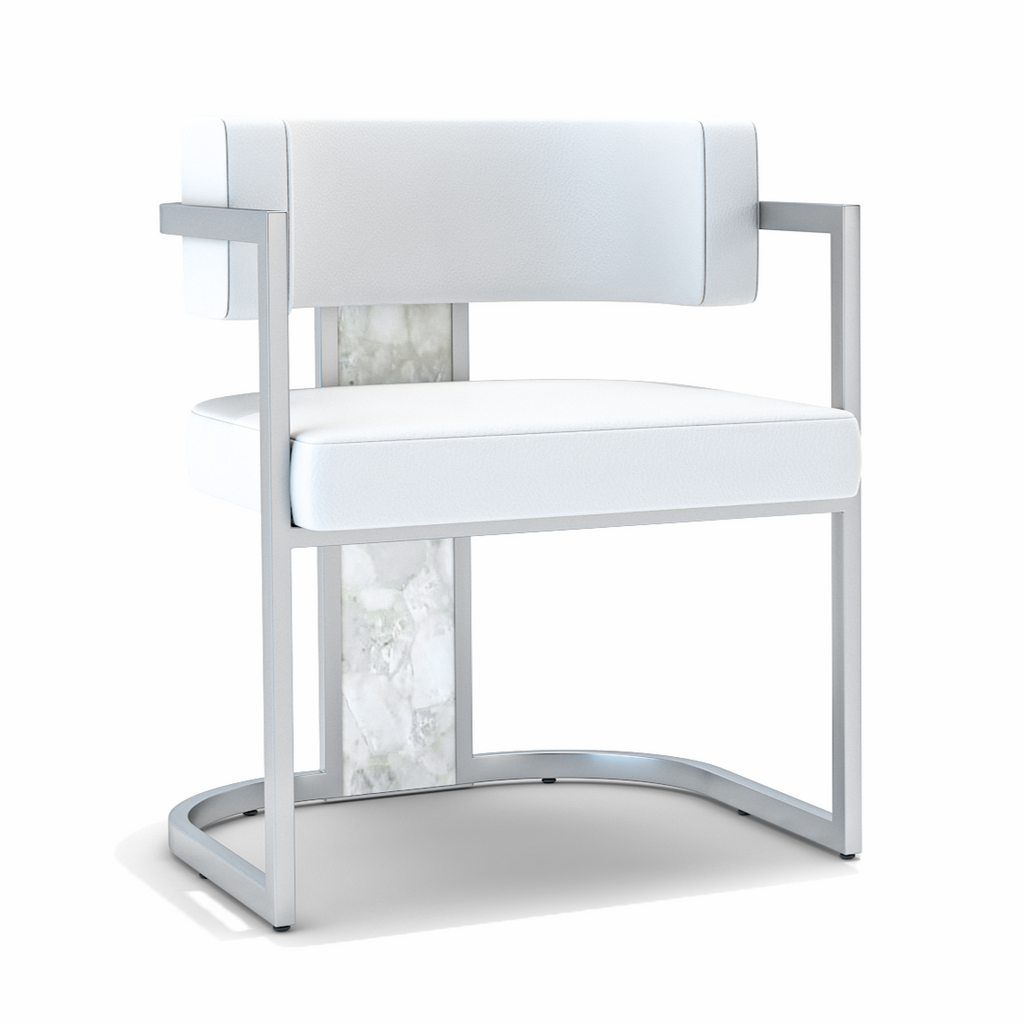 White Matera dining chair with modern white armchair design, silver frame, and marble panels