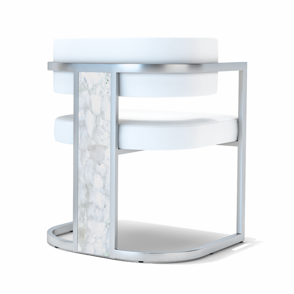 White Matera dining side table with silver metal frame and marble-look shelves