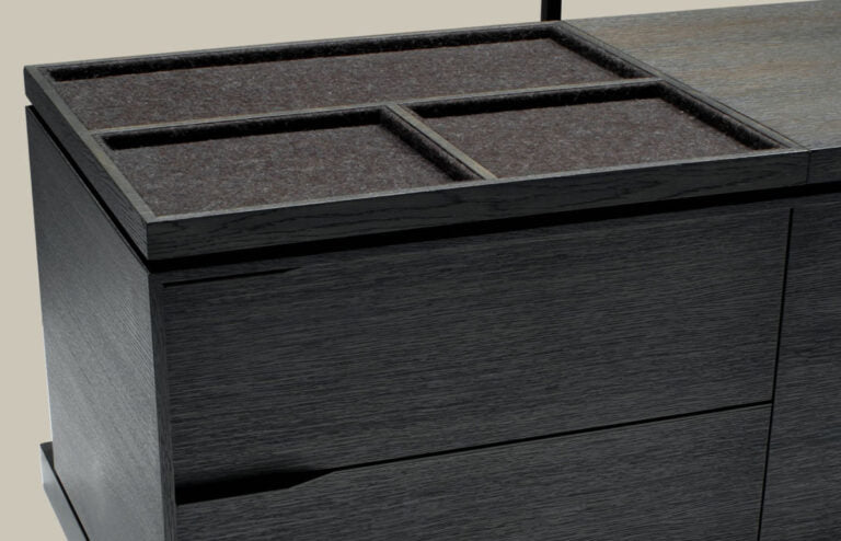 Dark-stained wooden York Nightstand with partitioned top compartment for storage