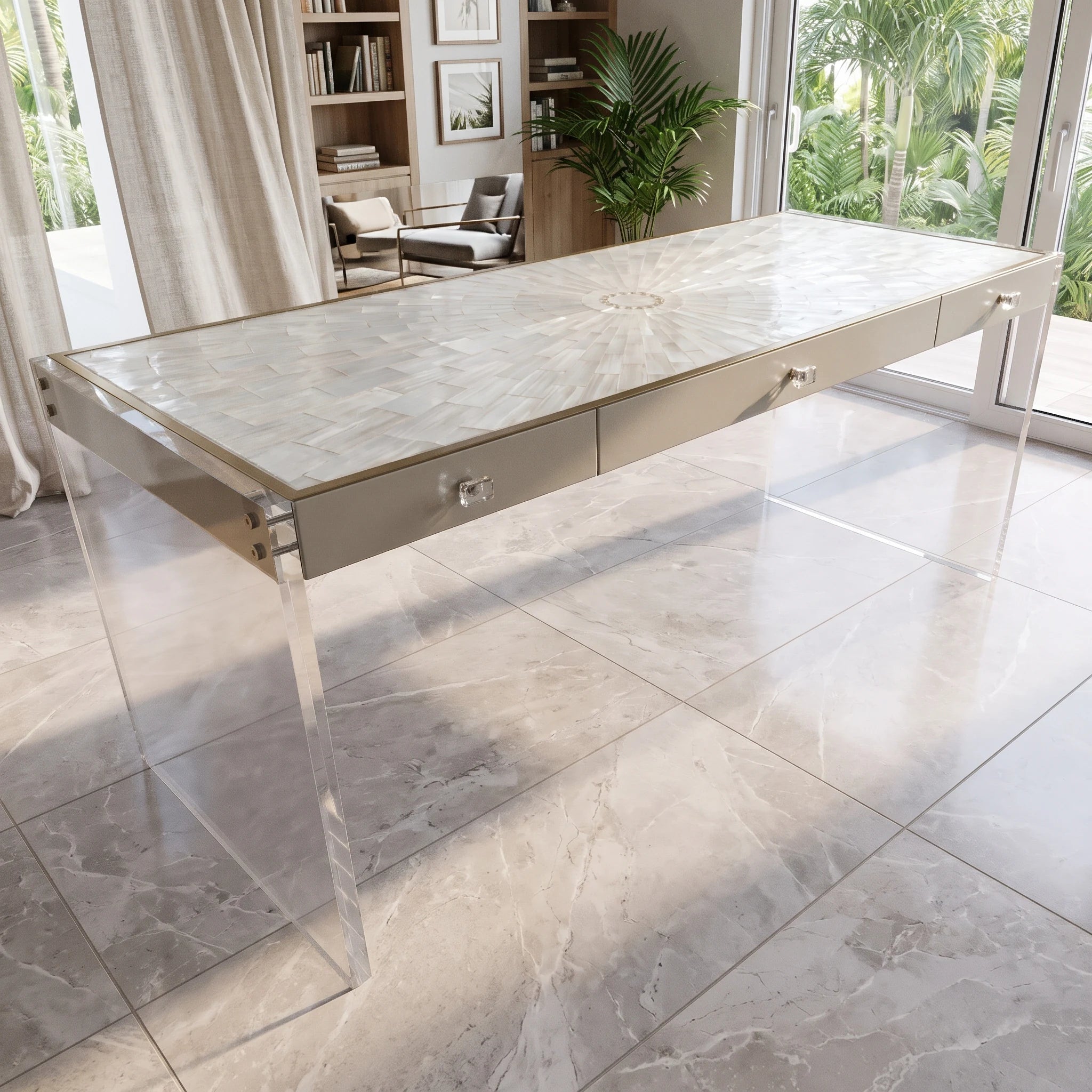 Mineral Selenite Crystal Executive Desk featuring a radial geometric selenite stone tabletop, bronze metal-resin-coated wood body, three leathered drawer fronts, and clear acrylic legs.
