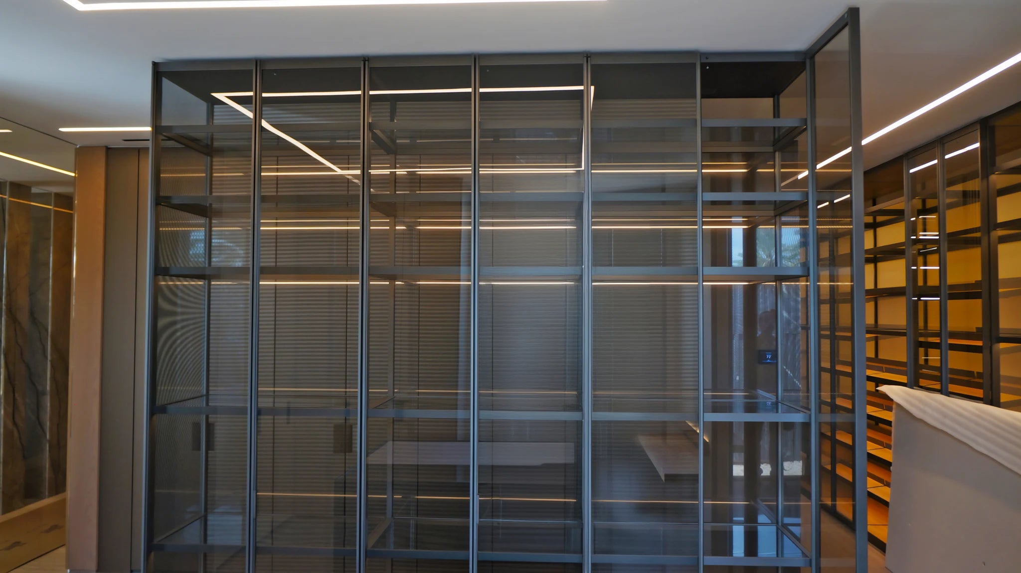 Completed Architectural Commission: Illuminated Glass, Metal-Framed & Wood-Veneer Wardrobe System